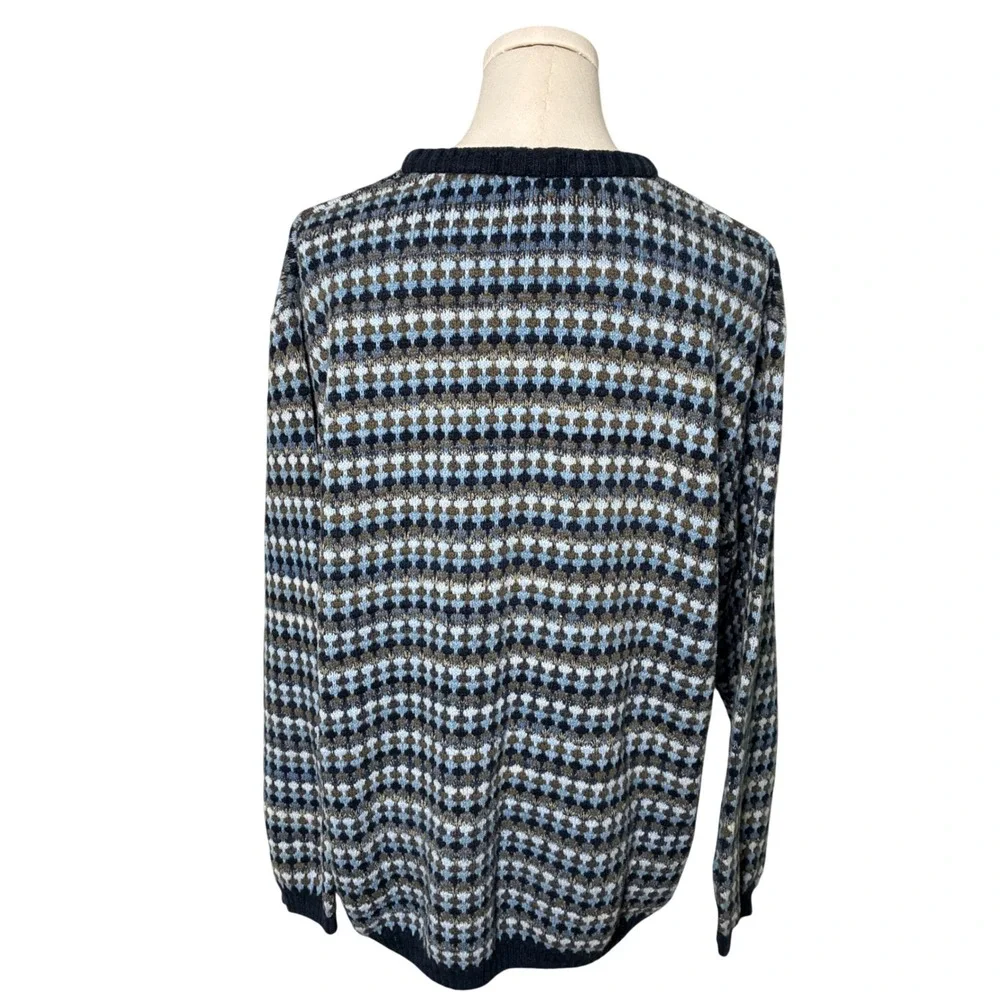 Geometric Knit Cotton Crewneck Sweater Alan Flusser Blue Brown Mens M